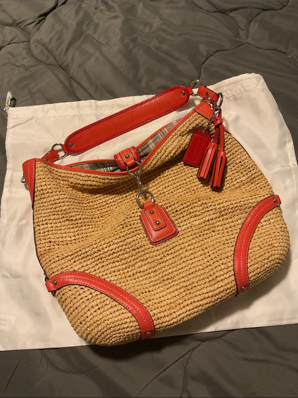 Coach Straw Tote with Coral Leather Trim